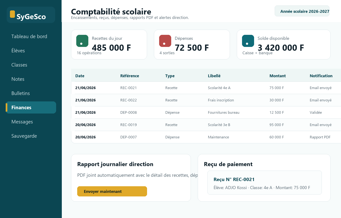 Capture de la comptabilité scolaire dans SyGeSco